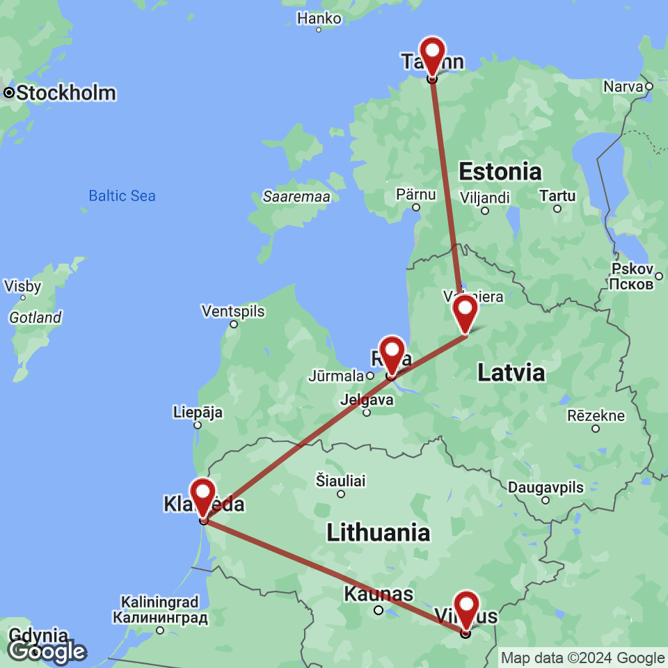 Route for Vilnius, Klaipeda, Riga, Cesis, Tallinn tour
